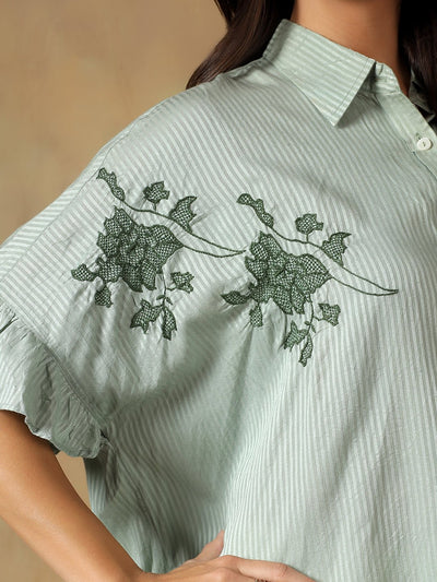 Lucknowi Chikankari Oversize Shirt | Hand Embroidered Cotton Shirt – Womens Shirt on Brown Living™. SKU: IHTCOS02SG. Img 7.