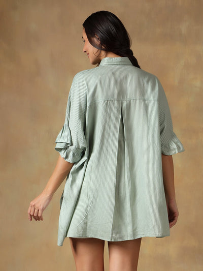 Lucknowi Chikankari Oversize Shirt | Hand Embroidered Cotton Shirt – Womens Shirt on Brown Living™. SKU: IHTCOS02SG. Img 2.