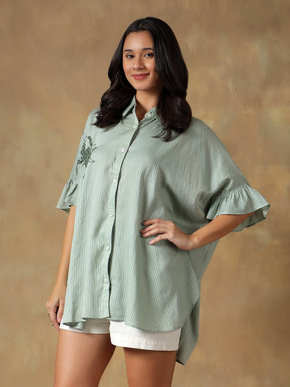 Lucknowi Chikankari Oversize Shirt | Hand Embroidered Cotton Shirt – Womens Shirt on Brown Living™. SKU: IHTCOS02SG. Img 5.