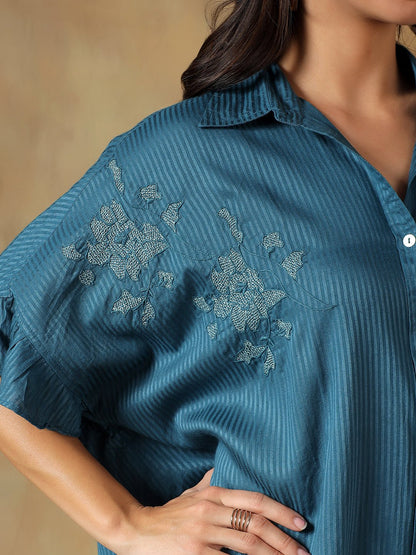 Lucknowi Chikankari Oversize Shirt | Hand Embroidered Cotton Shirt – Womens Shirt on Brown Living™. SKU: IHTCOS02ST. Img 13.