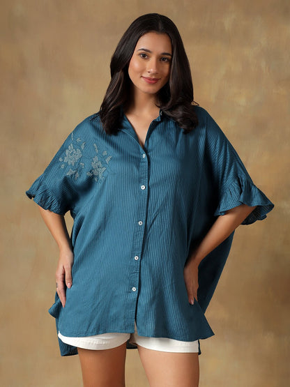 Lucknowi Chikankari Oversize Shirt | Hand Embroidered Cotton Shirt – Womens Shirt on Brown Living™. SKU: IHTCOS02ST. Img 10.