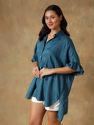 Lucknowi Chikankari Oversize Shirt | Hand Embroidered Cotton Shirt – Womens Shirt on Brown Living™. SKU: IHTCOS02ST. Img 11.