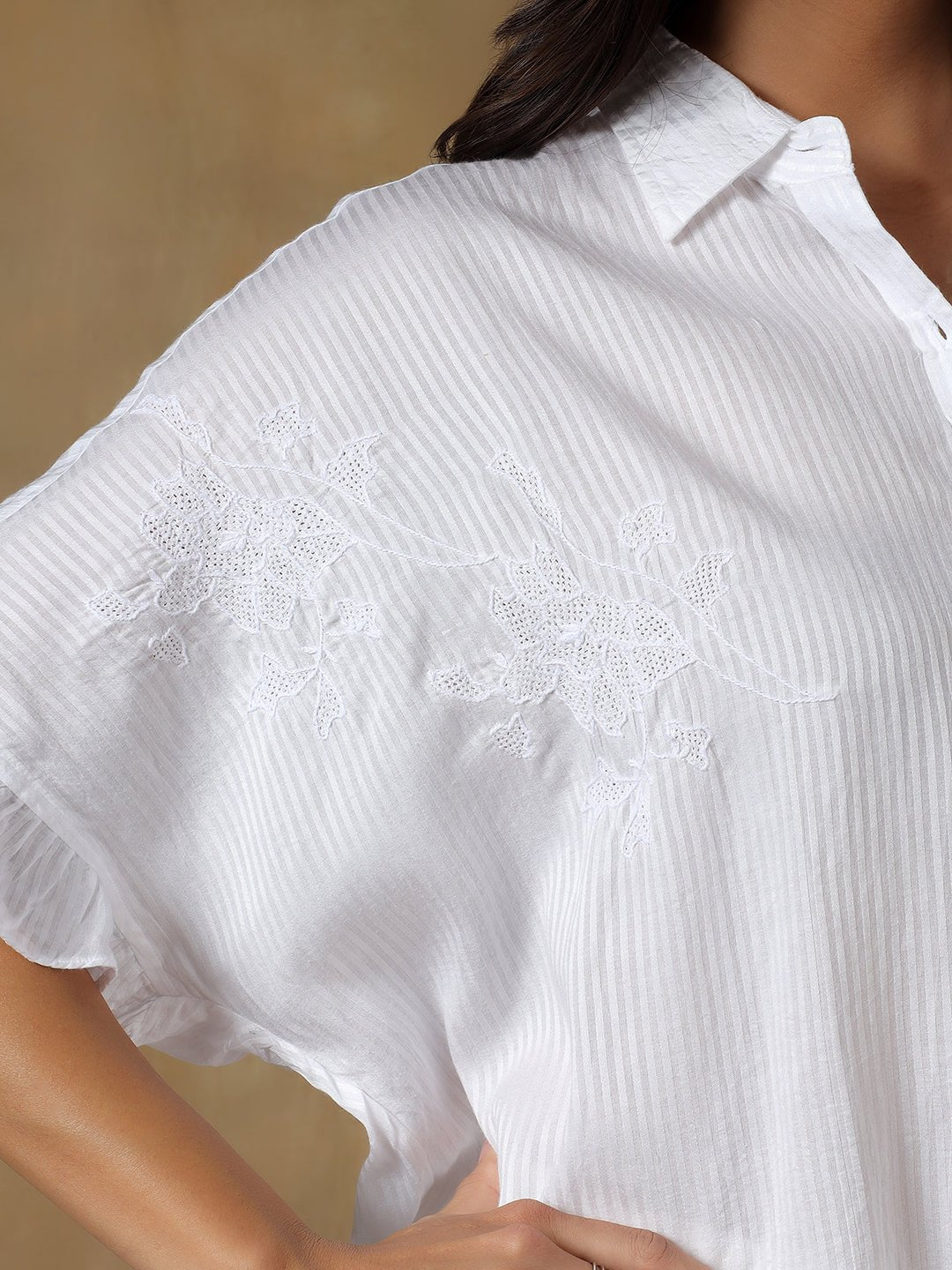 Lucknowi Chikankari Oversize Shirt | Hand Embroidered Cotton Shirt – Womens Shirt on Brown Living™. SKU: IHTCOS02SW. Img 21.