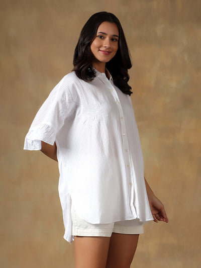 Lucknowi Chikankari Oversize Shirt | Hand Embroidered Cotton Shirt – Womens Shirt on Brown Living™. SKU: IHTCOS02SW. Img 19.