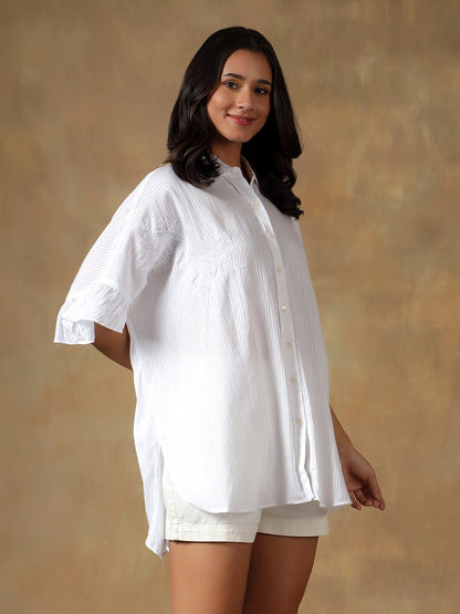Lucknowi Chikankari Oversize Shirt | Hand Embroidered Cotton Shirt – Womens Shirt on Brown Living™. SKU: IHTCOS02SW. Img 19.