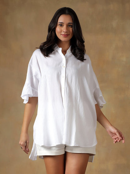 Lucknowi Chikankari Oversize Shirt | Hand Embroidered Cotton Shirt – Womens Shirt on Brown Living™. SKU: IHTCOS02SW. Img 18.