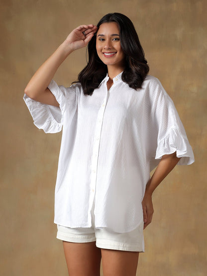 Lucknowi Chikankari Oversize Shirt | Hand Embroidered Cotton Shirt – Womens Shirt on Brown Living™. SKU: IHTCOS02SW. Img 17.