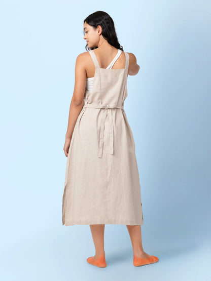 Luma – Organic Cotton Linen Dungaree Dress with Adjustable Straps – Womens Dress by Phuhar's available on Brown Living™. Beige Xs. SKU: pH1511. Img 3.
