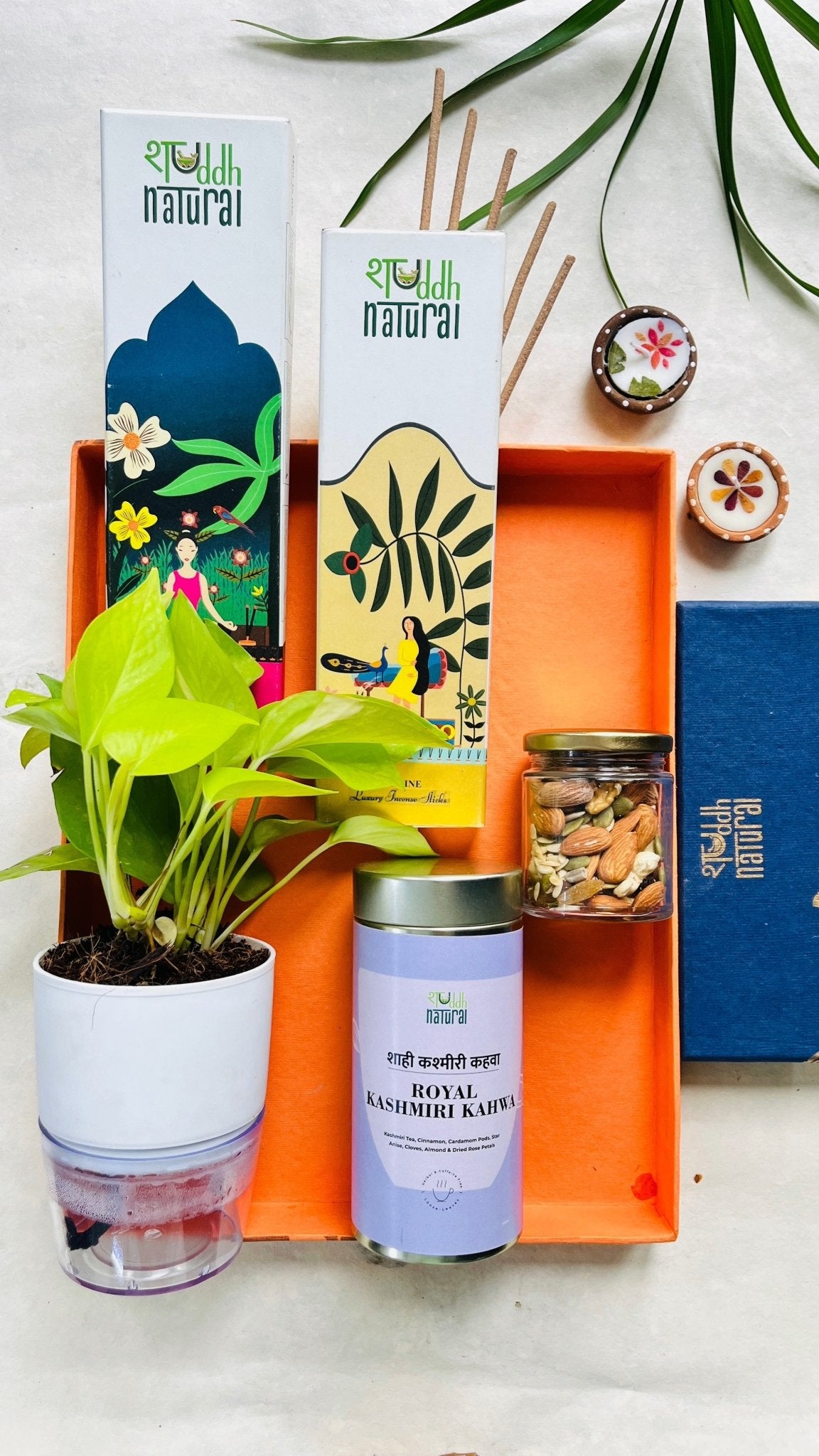 Luxury gift hamper — money plant, floral tea, incense & dry fruits – Gift Hampers on Brown Living™. SKU: SNSWP02. Img 1.