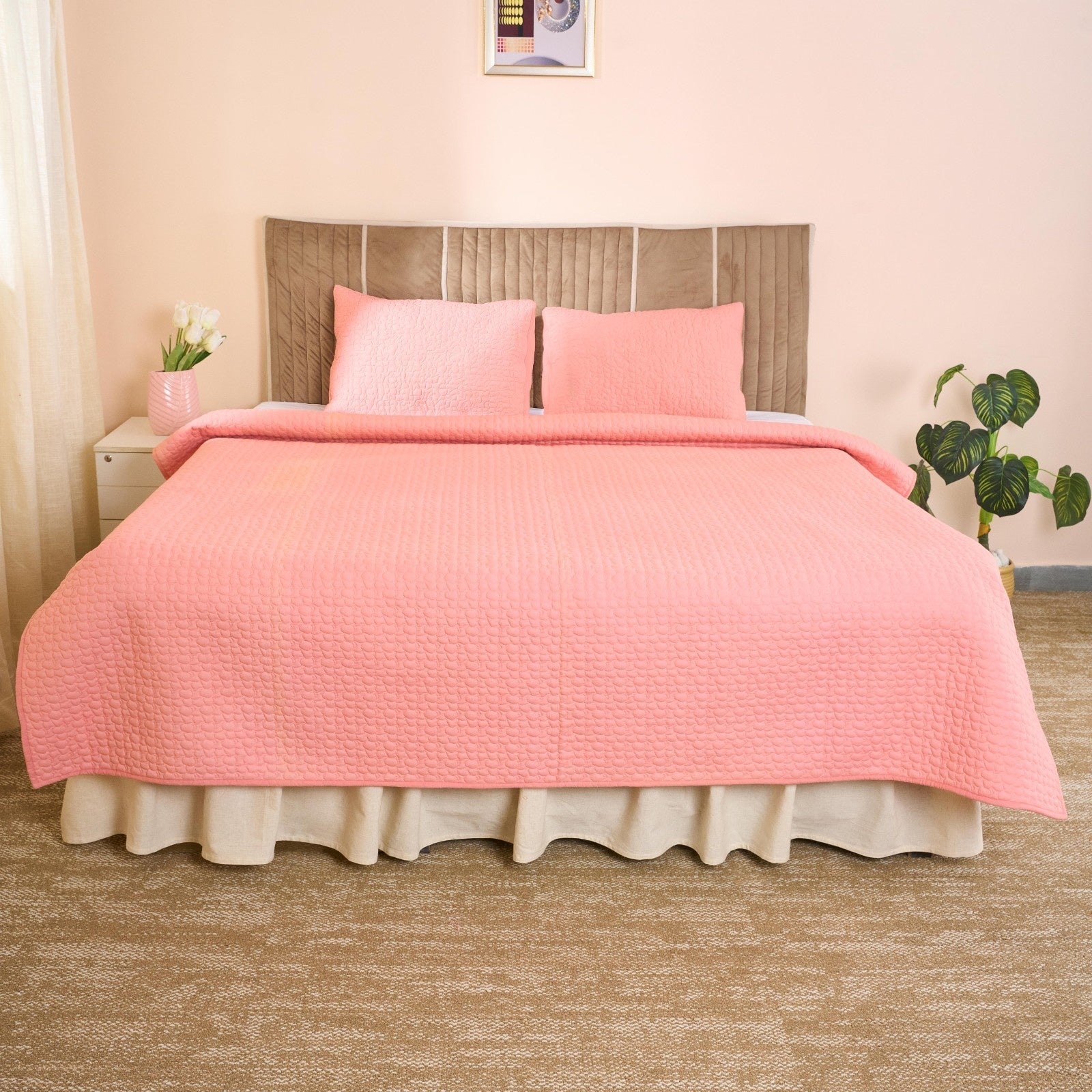 Luxury Pink Cotton Satin Razai | Soft Lightweight Quilt 200 GSM – Bed Linens on Brown Living™. SKU: TEE2513-P-2N. Img 1.