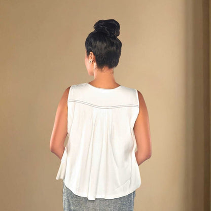 Lyra White Tencel Embroidered Shoulder Top – Womens Top on Brown Living™. SKU: JDS4008XS. Img 3.