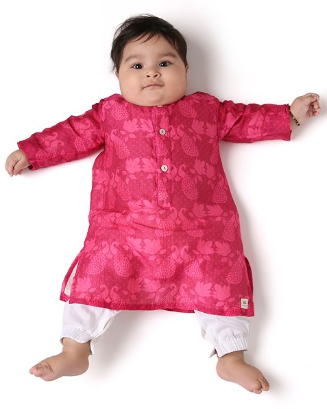 Maanik - Chanderi Peacock Printed Infant Kurta with Attached Pyjama (Onesie) | Verified Sustainable Kids Ethnic Sets on Brown Living™