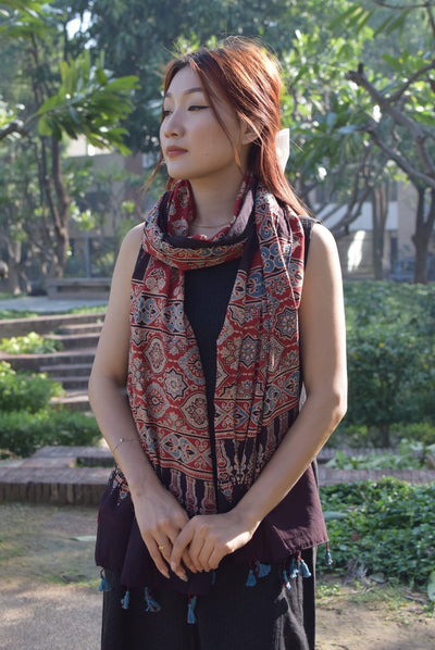 Maati Ajrakh Cotton Stole Handcrafted Block Print Dupatta – Womens Scarf on Brown Living™. SKU: EKL_05. Img 1.