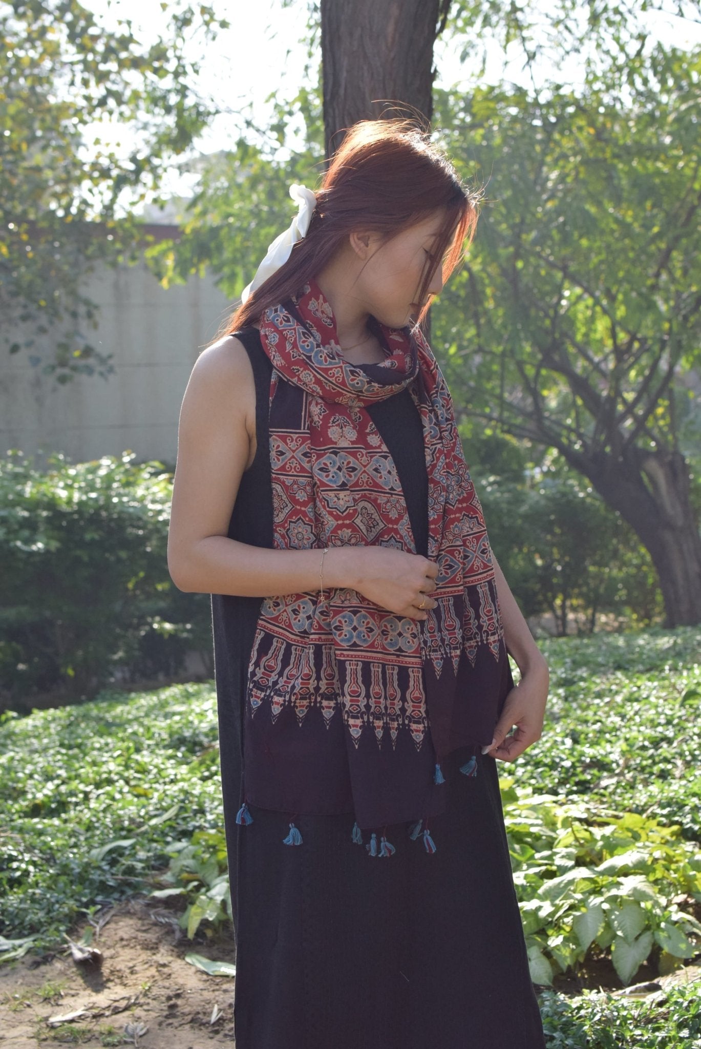 Maati Ajrakh Cotton Stole Handcrafted Block Print Dupatta – Womens Scarf on Brown Living™. SKU: EKL_05. Img 6.
