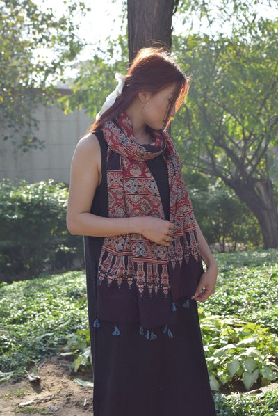 Maati Ajrakh Cotton Stole Handcrafted Block Print Dupatta – Womens Scarf on Brown Living™. SKU: EKL_05. Img 6.