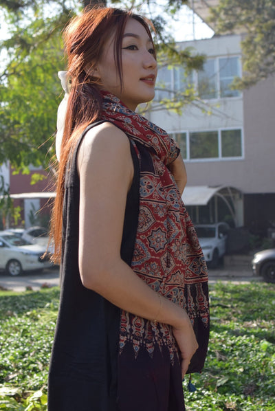 Maati Ajrakh Cotton Stole Handcrafted Block Print Dupatta – Womens Scarf on Brown Living™. SKU: EKL_05. Img 2.