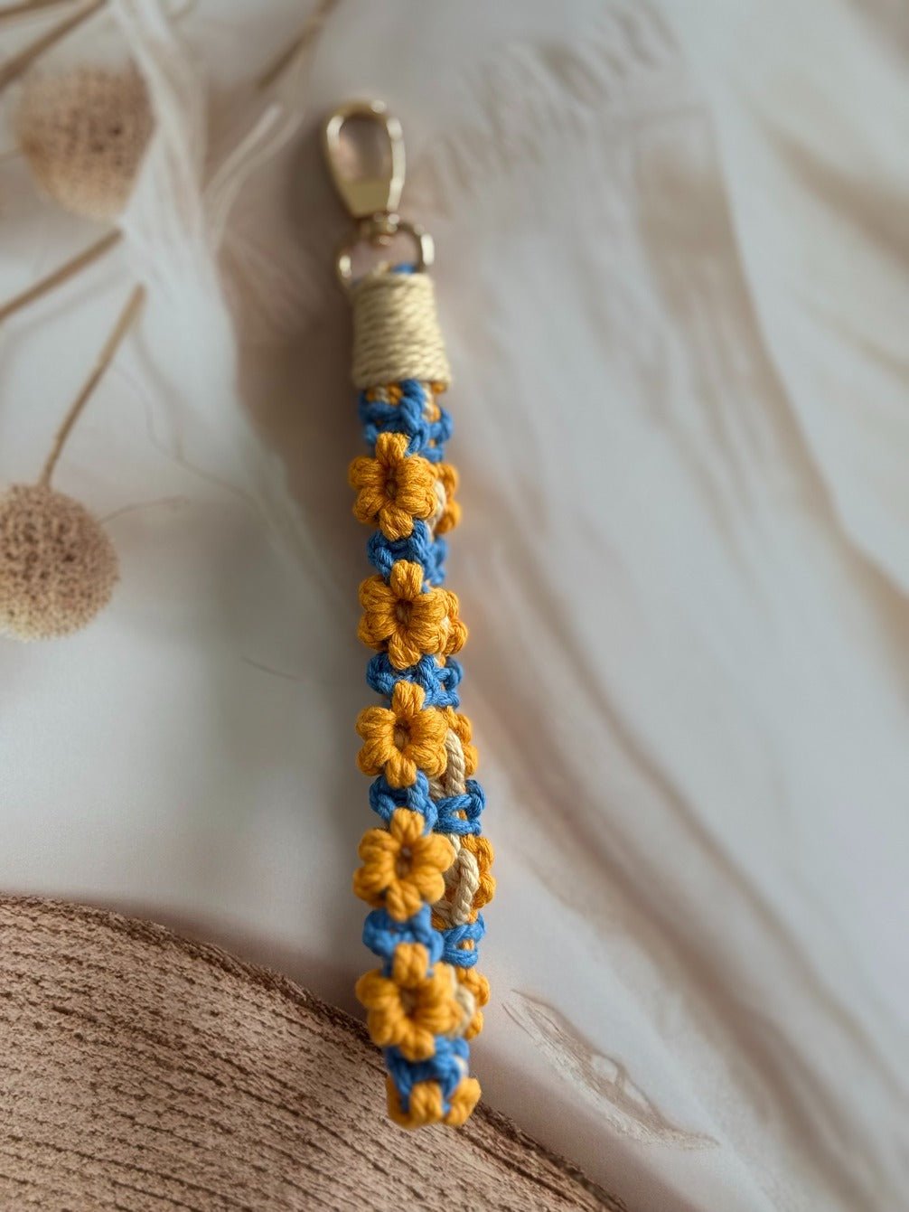 Macramé Flower Wristlet Keychain Handmade Wrist Strap Keychain – Gift on Brown Living™. SKU: FW009. Img 14.