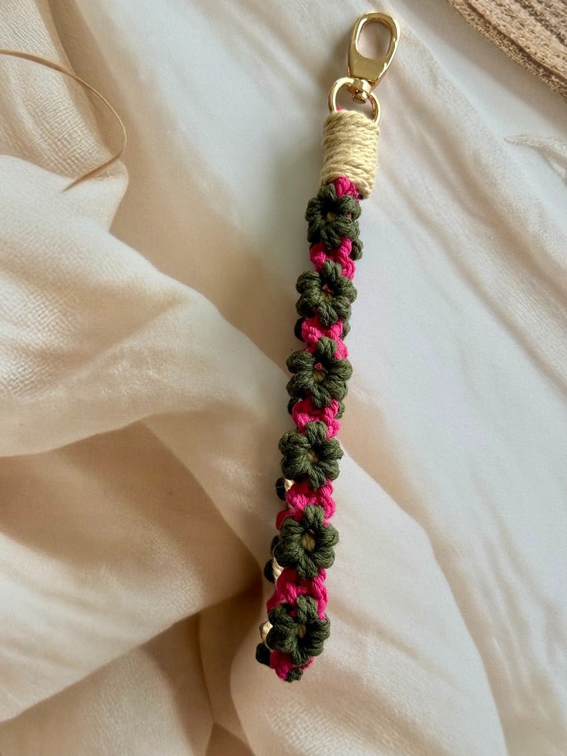 Macramé Flower Wristlet Keychain Handmade Wrist Strap Keychain – Gift on Brown Living™. SKU: FW009. Img 10.