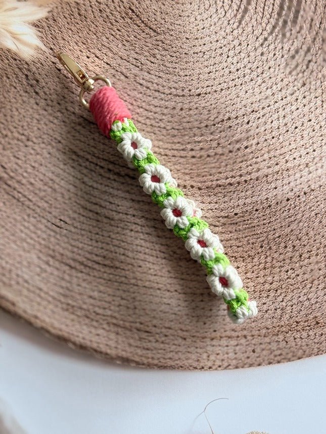 Macramé Flower Wristlet Keychain Handmade Wrist Strap Keychain – Gift on Brown Living™. SKU: FW009. Img 12.