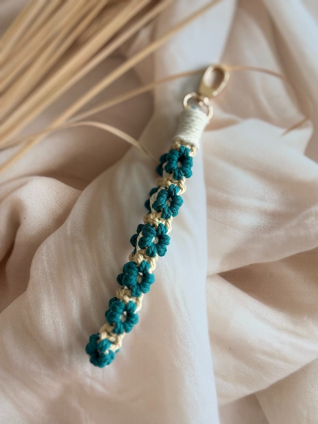 Macramé Flower Wristlet Keychain Handmade Wrist Strap Keychain – Gift on Brown Living™. SKU: FW009. Img 17.