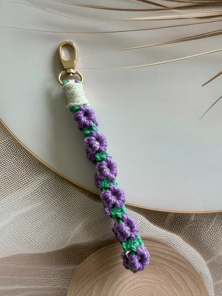 Macramé Flower Wristlet Keychain Handmade Wrist Strap Keychain – Gift on Brown Living™. SKU: FW009. Img 3.