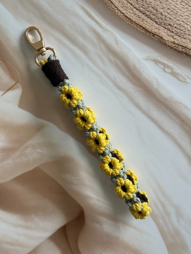 Macramé Flower Wristlet Keychain Handmade Wrist Strap Keychain – Gift on Brown Living™. SKU: FW009. Img 6.