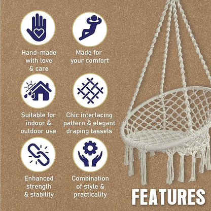 Macrame Hammock Swing Jhula for Adults & Kids | Hanging Chair – Home Decor on Brown Living™. SKU: MAC-S-Natural. Img 2.