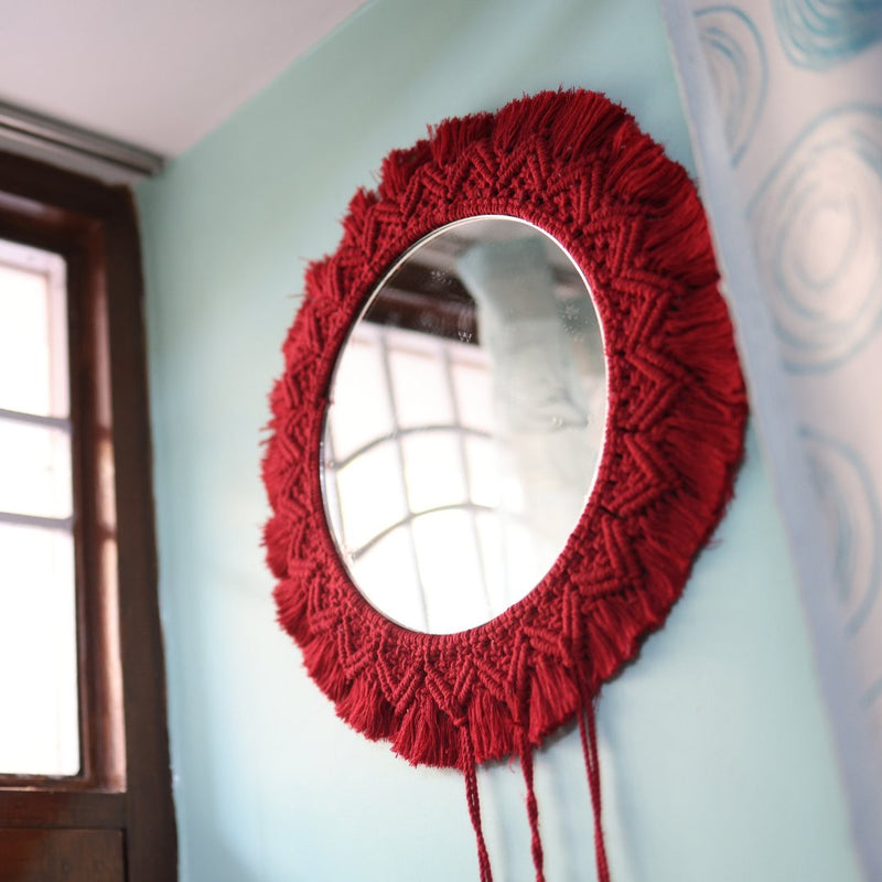 Macrame Red Dream Catcher Mirror | Verified Sustainable Wall Decor on Brown Living™