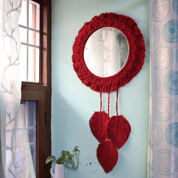 Macrame Red Dream Catcher Mirror | Verified Sustainable Wall Decor on Brown Living™