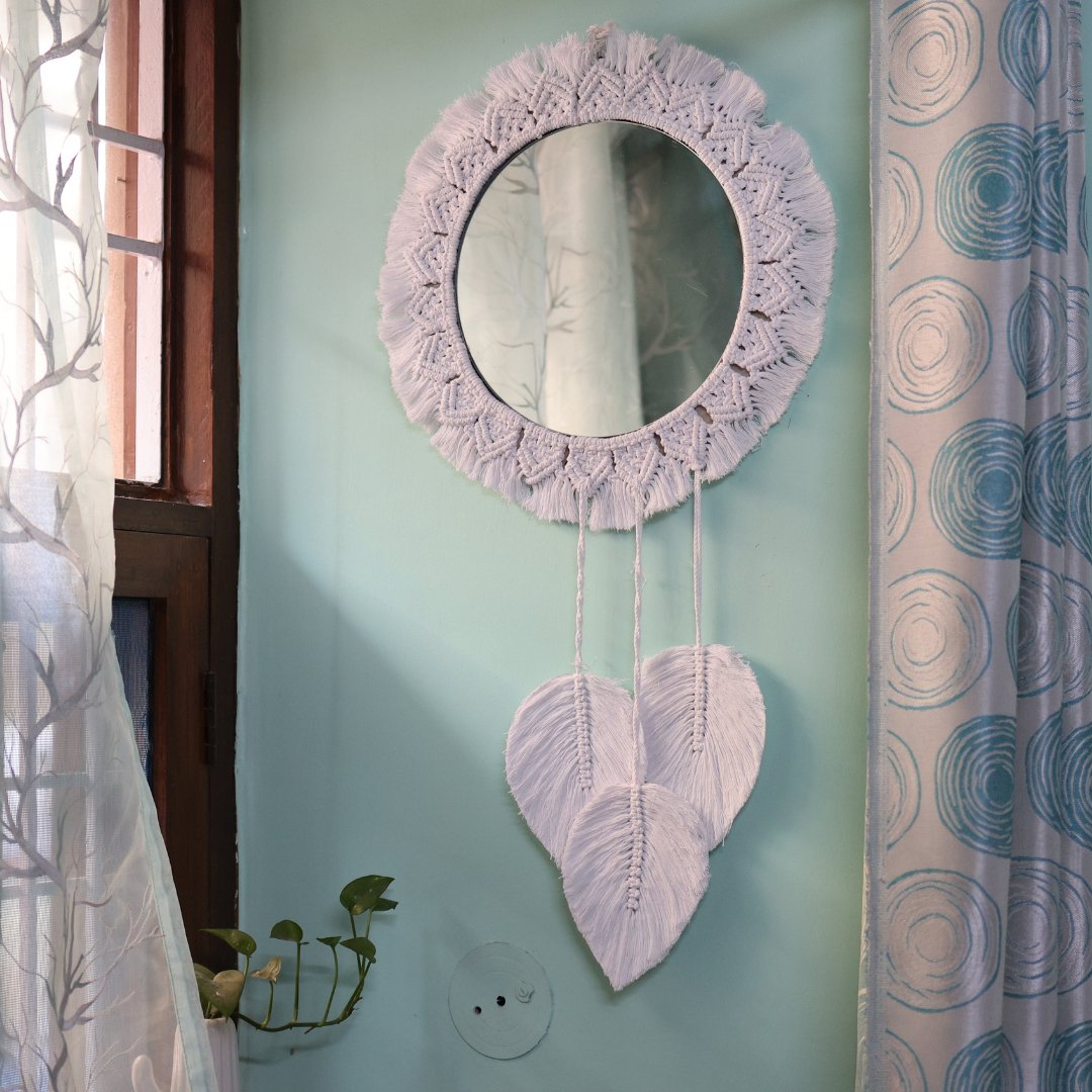 Macrame White Dream Catcher Mirror | Verified Sustainable by Brown Living™