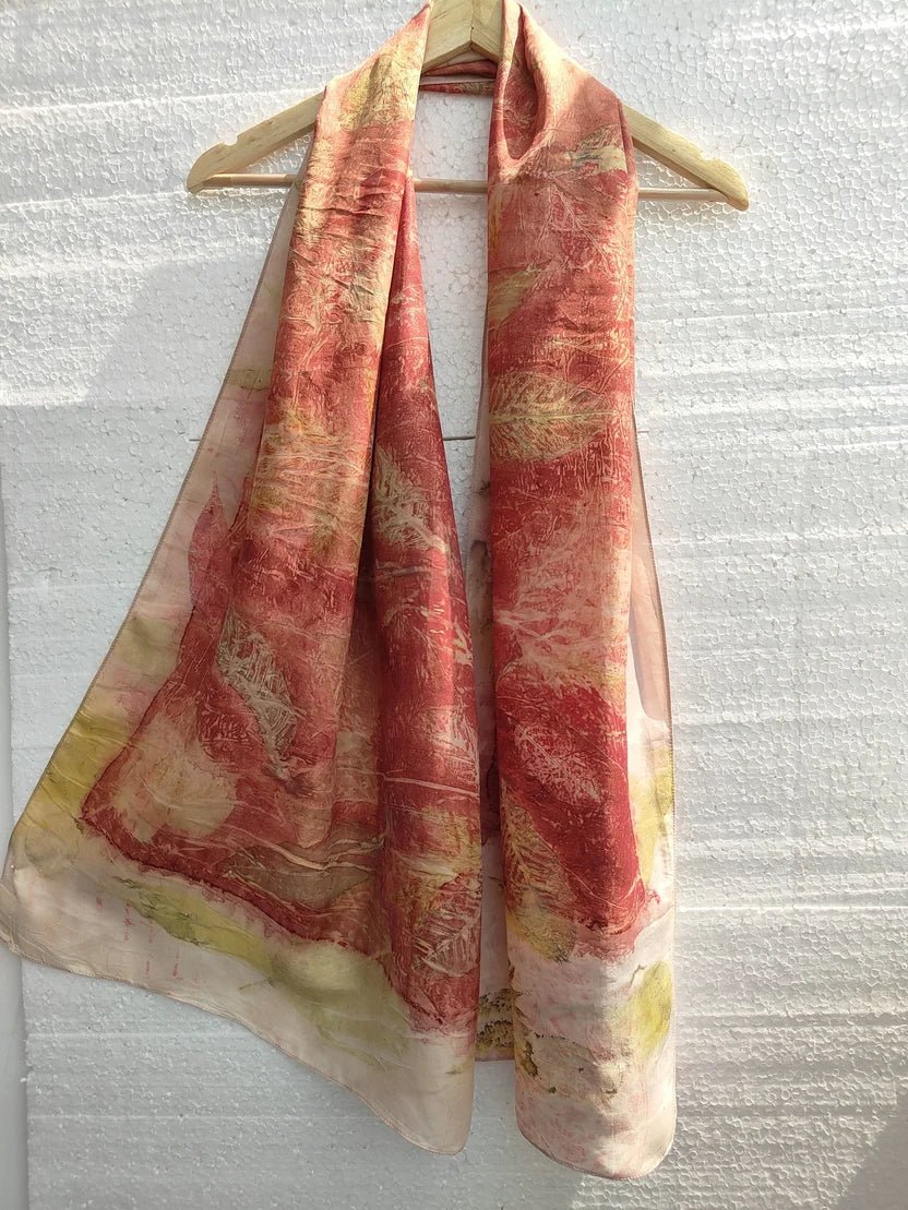 Madder Guava & Herbs Pure Silk Scarf | Handcrafted Silk Stole – Womens Scarf on Brown Living™. SKU: PS9. Img 1.