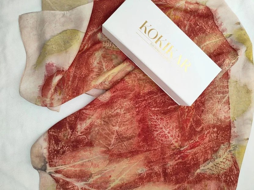Madder Guava & Herbs Pure Silk Scarf | Handcrafted Silk Stole – Womens Scarf on Brown Living™. SKU: PS9. Img 6.