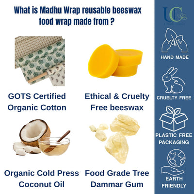 Madhu Wrap Reusable Beeswax Wraps Starter Set of 3Assorted (S/M/L) – Food Wraps on Brown Living™. SKU: MWS3A. Img 10.