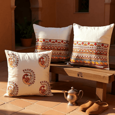 Madhubani Cotton Cushion Covers with Zipper - Set of 4 - 16x16 inch – Covers & Inserts on Brown Living™. SKU: CUSMADHUBANIPEAC4. Img 7.