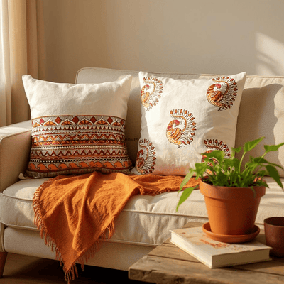 Madhubani Cotton Cushion Covers with Zipper - Set of 4 - 16x16 inch – Covers & Inserts on Brown Living™. SKU: CUSMADHUBANIPEAC4. Img 6.