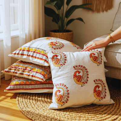 Madhubani Cotton Cushion Covers with Zipper - Set of 4 - 16x16 inch – Covers & Inserts on Brown Living™. SKU: CUSMADHUBANIPEAC4. Img 1.
