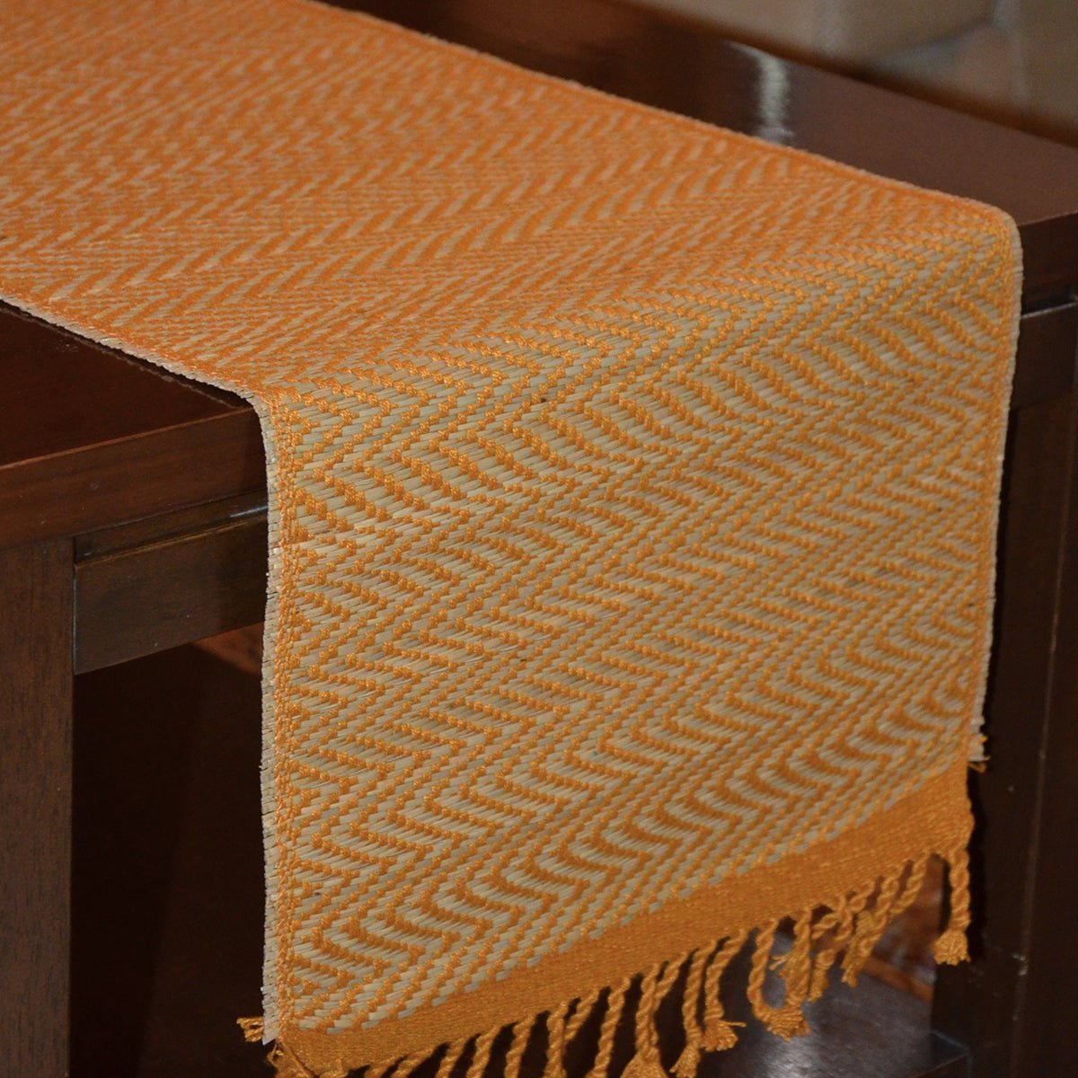 Madurkathi Tassels Chevron Table Runner Large – Table Linens by DHARINI available on Brown Living™. Mustard . SKU: MKTRUN018D. Img 3.