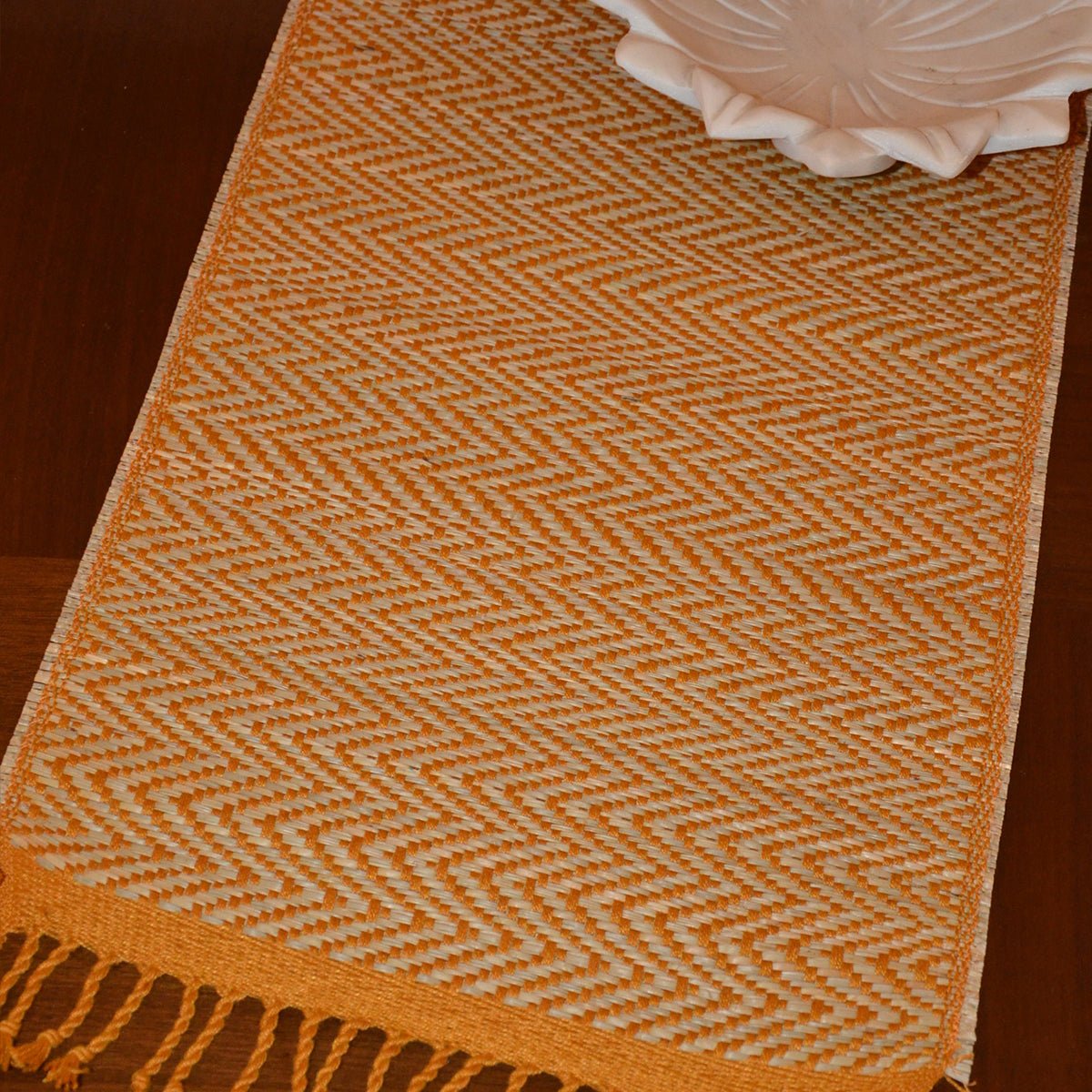 Madurkathi Tassels Chevron Table Runner Large – Table Linens by DHARINI available on Brown Living™. Mustard . SKU: MKTRUN018D. Img 2.