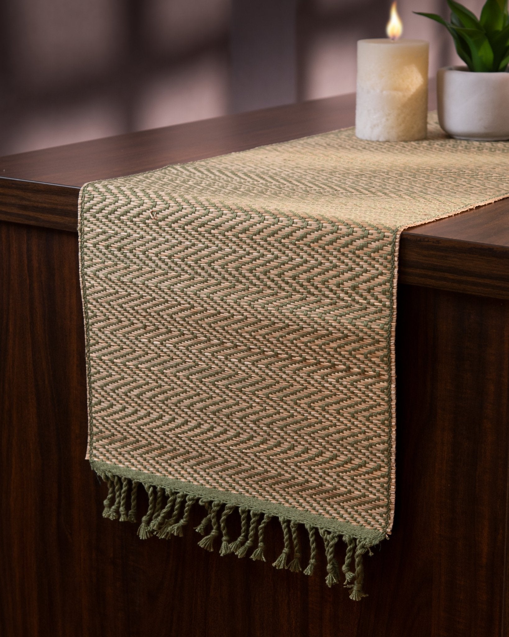 Madurkathi Tassels Chevron Table Runner – Table Linens on Brown Living™. SKU: MKTRUN018A-nn. Img 5.
