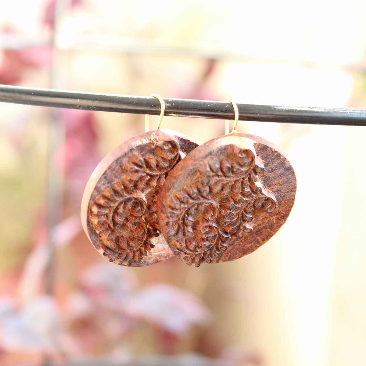 Magha Rekh Wooden Earrings With Wood Block Carving – Jewellery on Brown Living™. SKU: UARKHWJER004. Img 2.