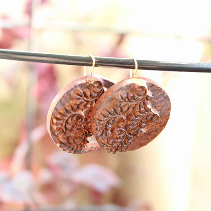 Magha Rekh Wooden Earrings With Wood Block Carving – Jewellery on Brown Living™. SKU: UARKHWJER004. Img 2.