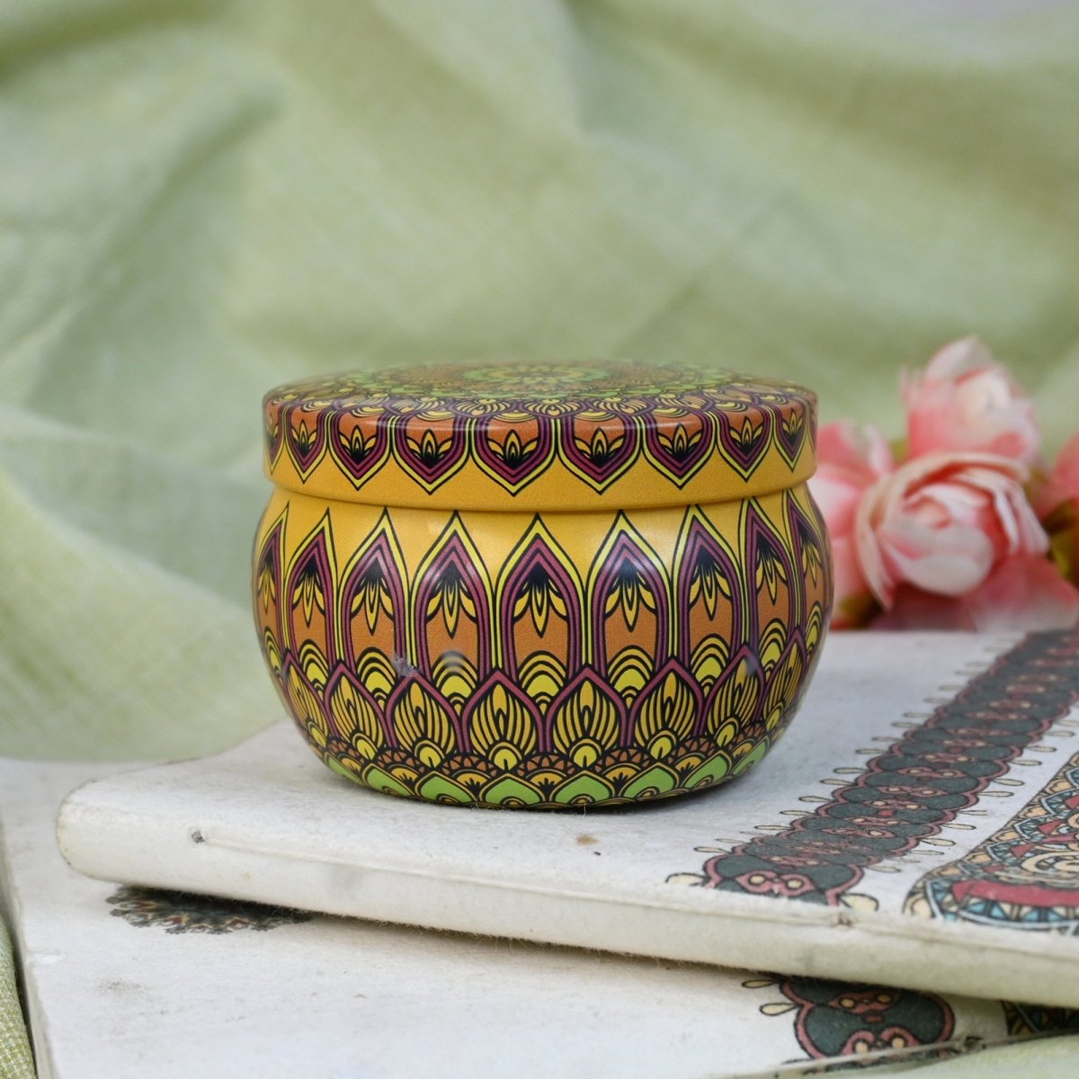 Mandala Soy Tin Candle – Candles & Fragrances by Aniora available on Brown Living™. Jasmine . SKU: ANCA059_1. Img 2.