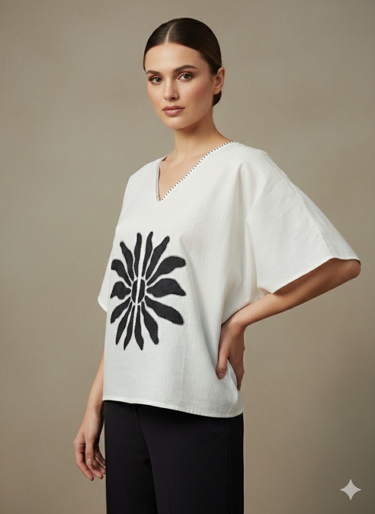 Mangalagiri Cotton Anti - Fit Top | Hand - Painted Black Floral – Womens Top on Brown Living™. SKU: ASMMBFM. Img 2.