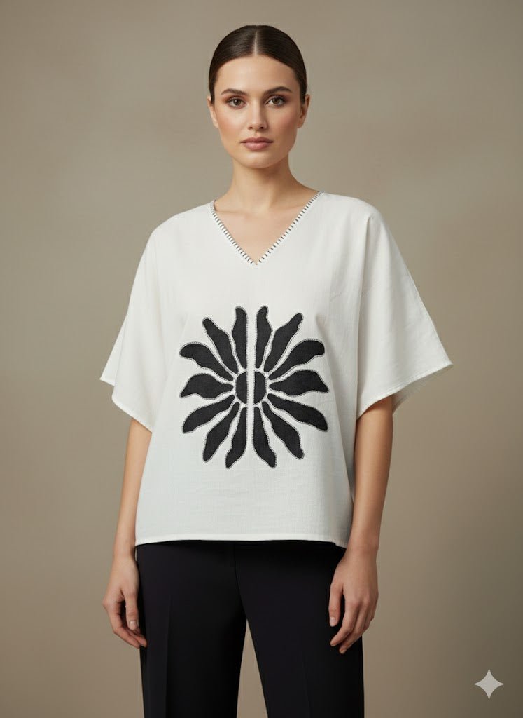 Mangalagiri Cotton Anti - Fit Top | Hand - Painted Black Floral – Womens Top on Brown Living™. SKU: ASMMBFM. Img 1.