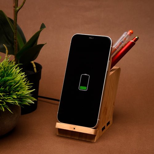 Maple 15W Wireless Charger & USB Hub With Pen Stand – Desk Accessories on Brown Living™. SKU: WAW9003. Img 1.