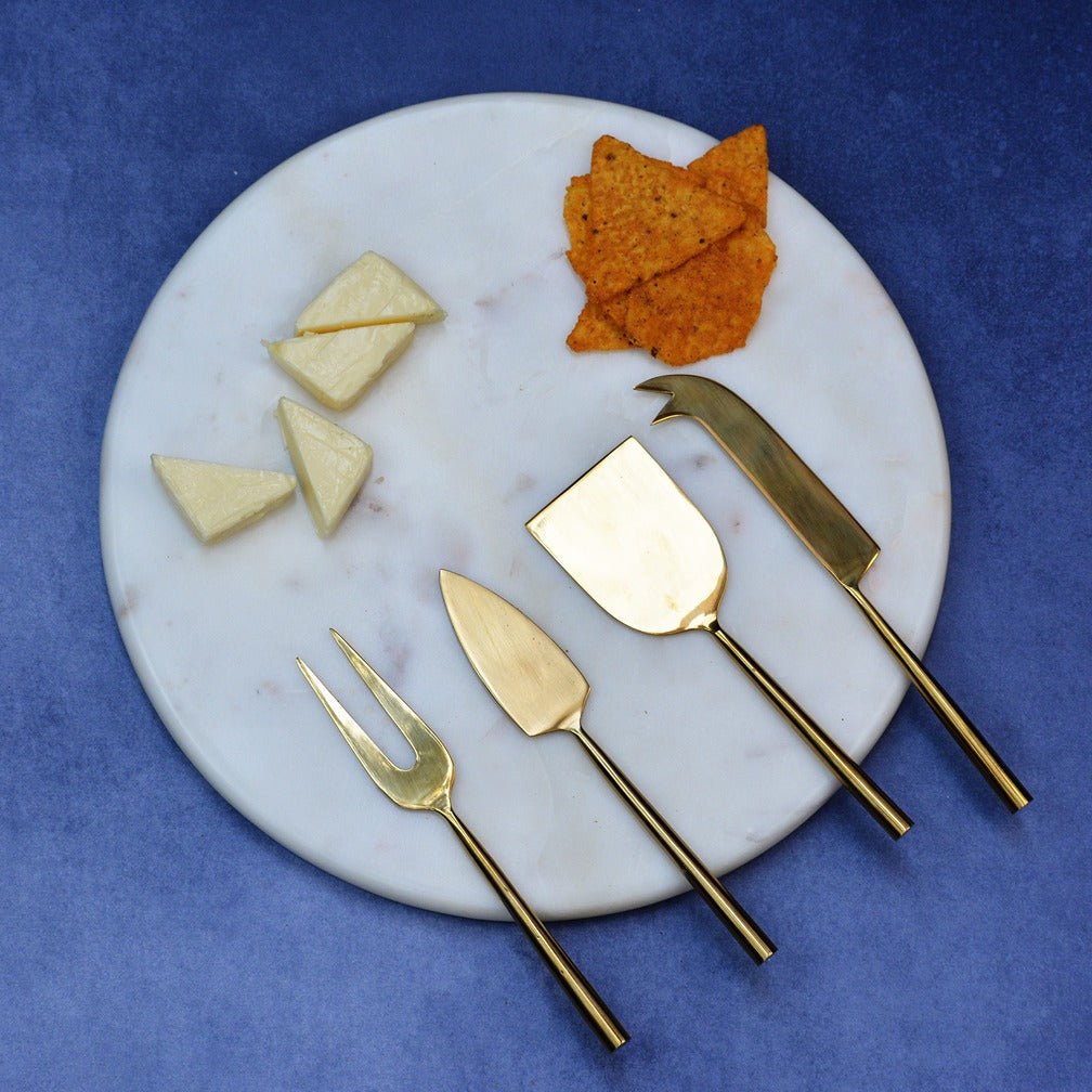 Marble & Brass Cheese Board with Knives (White) | Verified Sustainable by Brown Living™