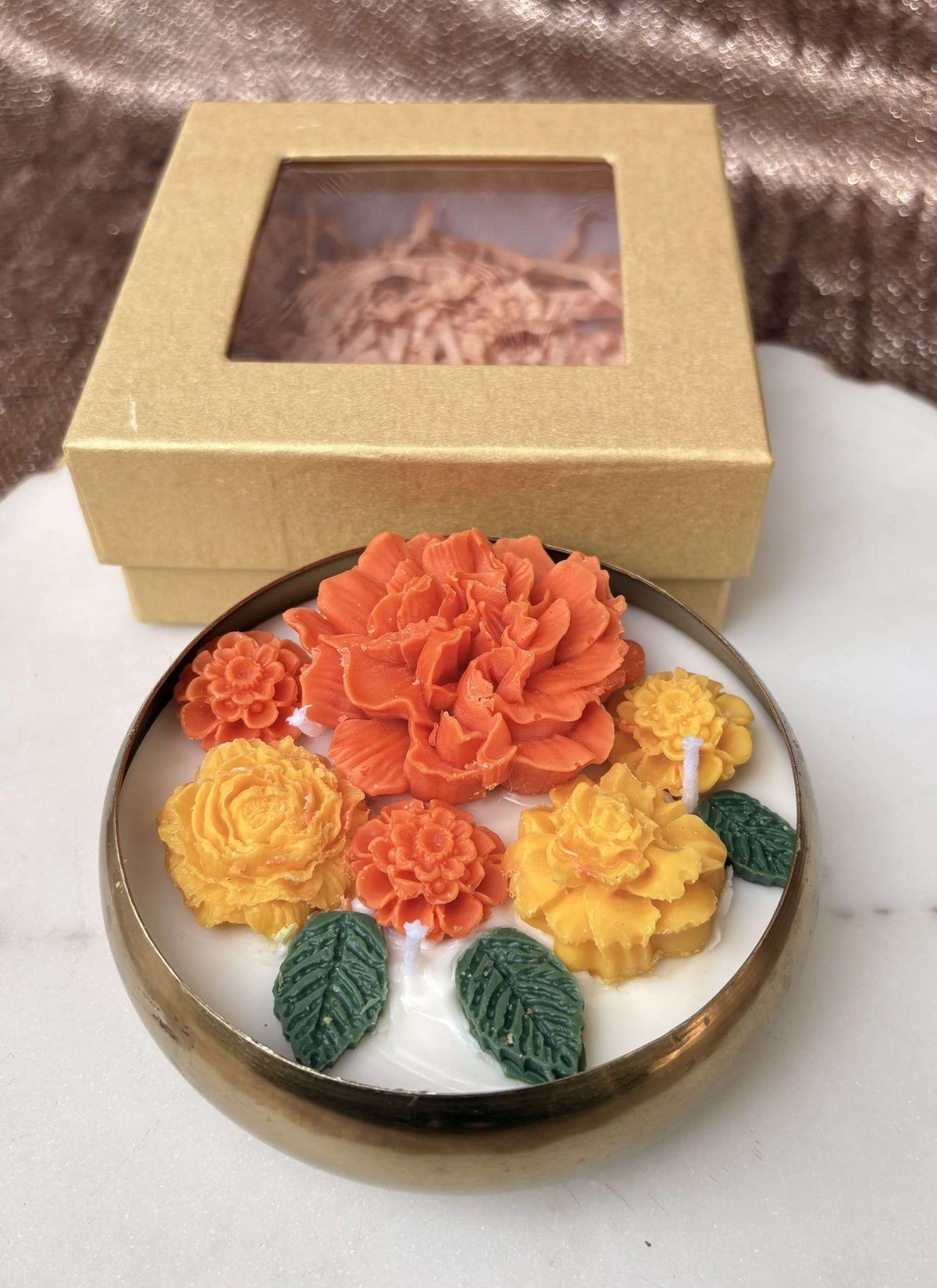 Marigold Candle with Gift Box | Diwali Gift Set – Candles & Fragrances on Brown Living™. SKU: LUSH_0067. Img 1.