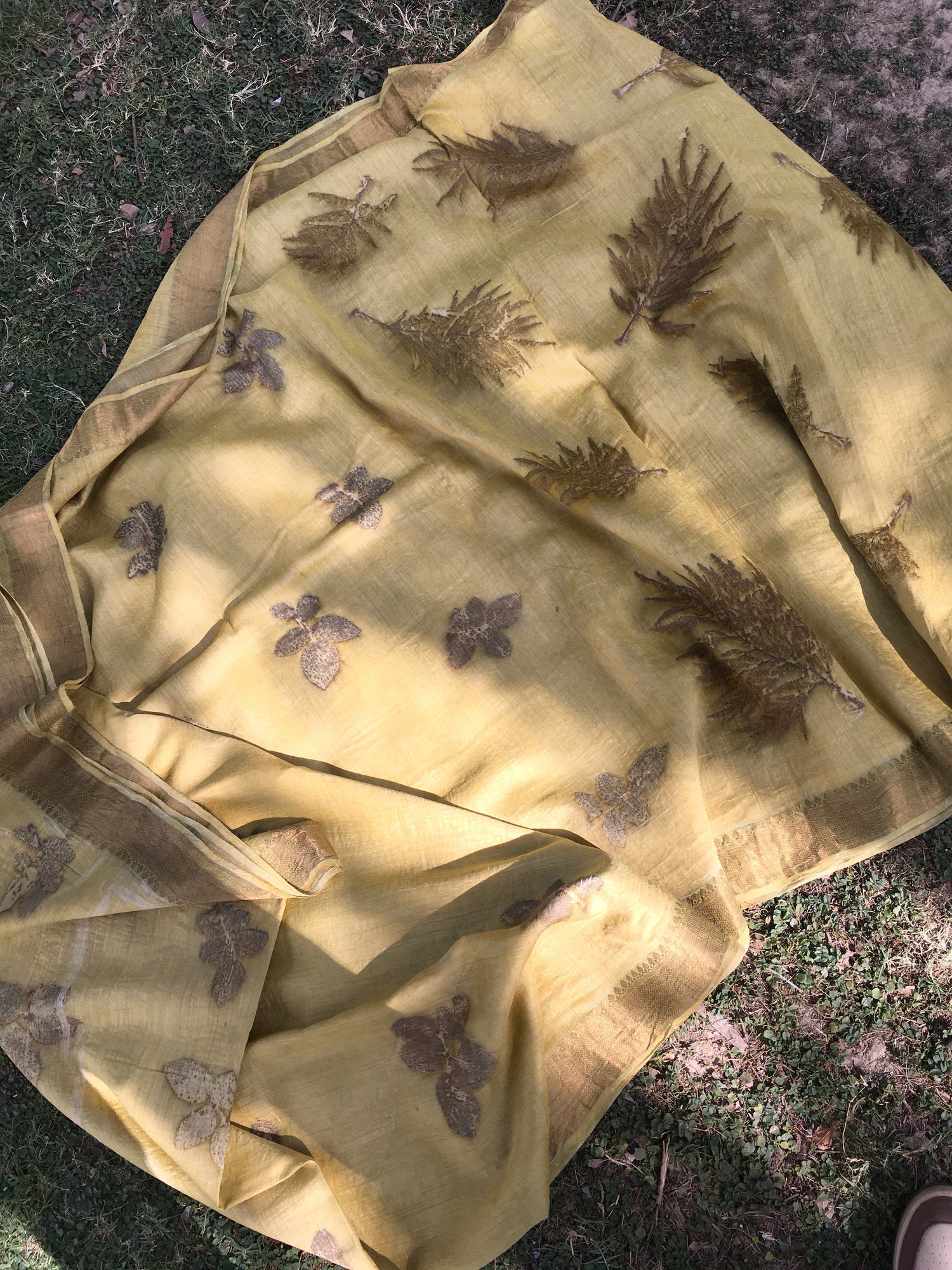 Marigold Ecoprinted Muga Silk Saree Natural Dye – Womens Saree on Brown Living™. SKU: MTS5. Img 1.