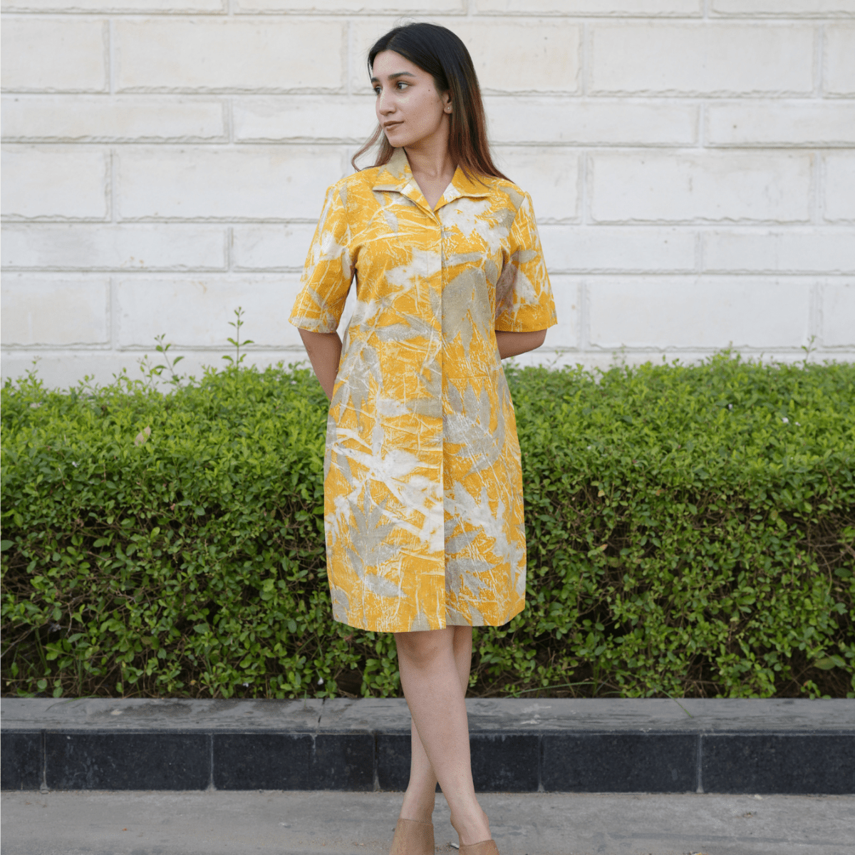 Marigold Leaftrace Eco - Printed Shirt Dress for Women | Organic Cotton – Womens Co - Ord Sets on Brown Living™. SKU: AAYU-0061. Img 5.