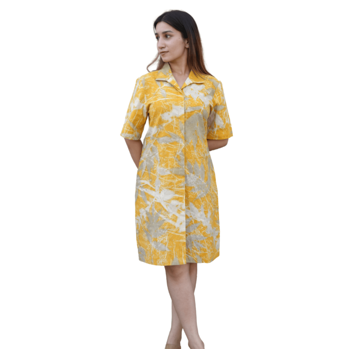Marigold Leaftrace Eco - Printed Shirt Dress for Women | Organic Cotton – Womens Co - Ord Sets on Brown Living™. SKU: AAYU-0061. Img 6.